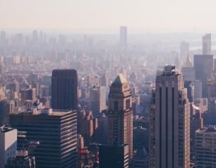 Photo of a smog covered cityscape