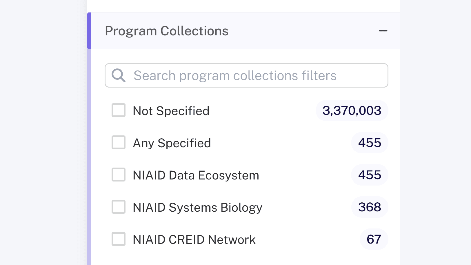 Screenshot of Program Collections filter